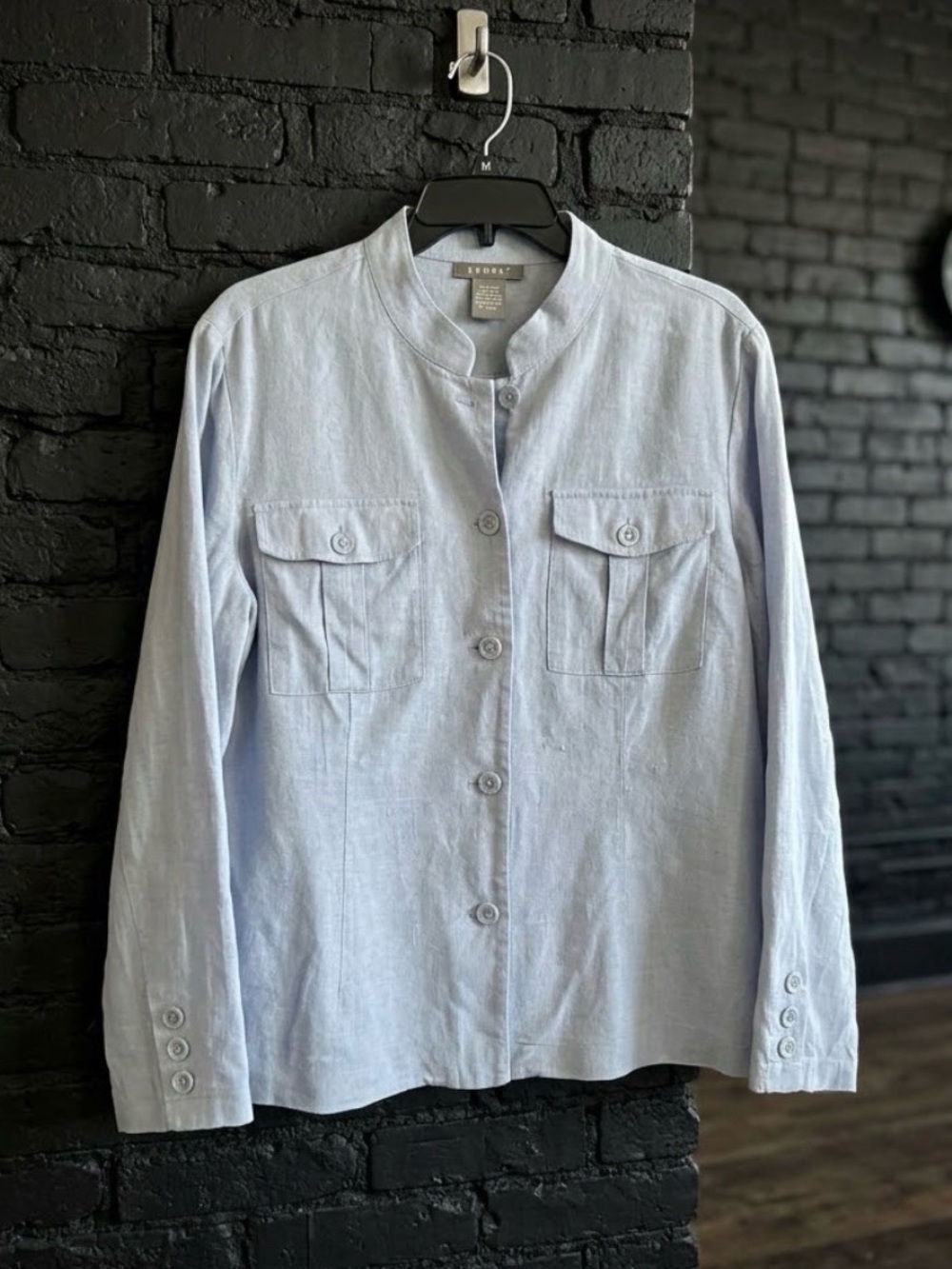 Kenar Light Blue Mandarin Collar Linen Jacket